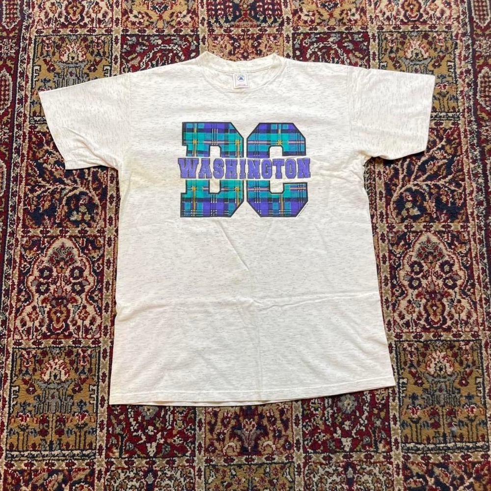 VTG 90s Washington DC plaid spell out destination tee shirt L USA‎ gray